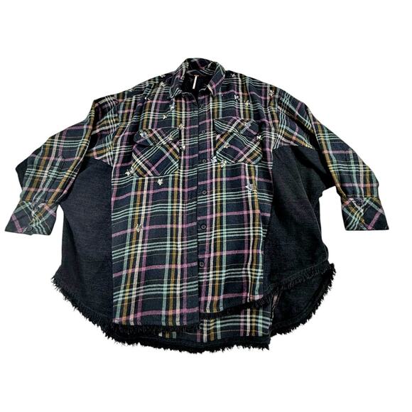 Free People Charcoal Gray Plaid Embellished w/ Sequin Stars Shirts Sz Small - Picture 2 of 7